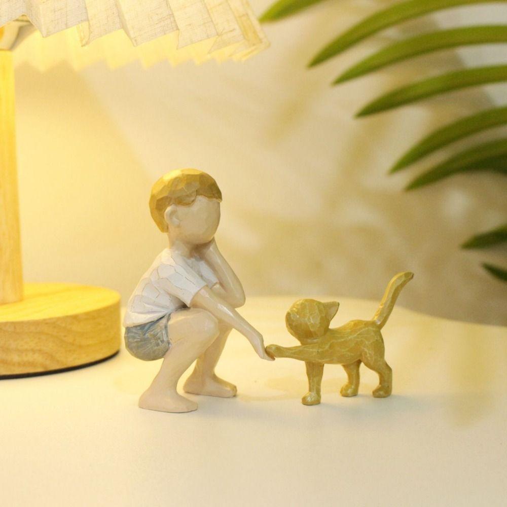2Pcs/set Resin Crafts Boy Cat Figurines Hand-Painted Hand Carving Sculpture  Desktop