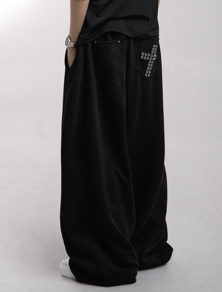Lupeu Cross Eyelet Elastic Waist Wide Long Pants Black
