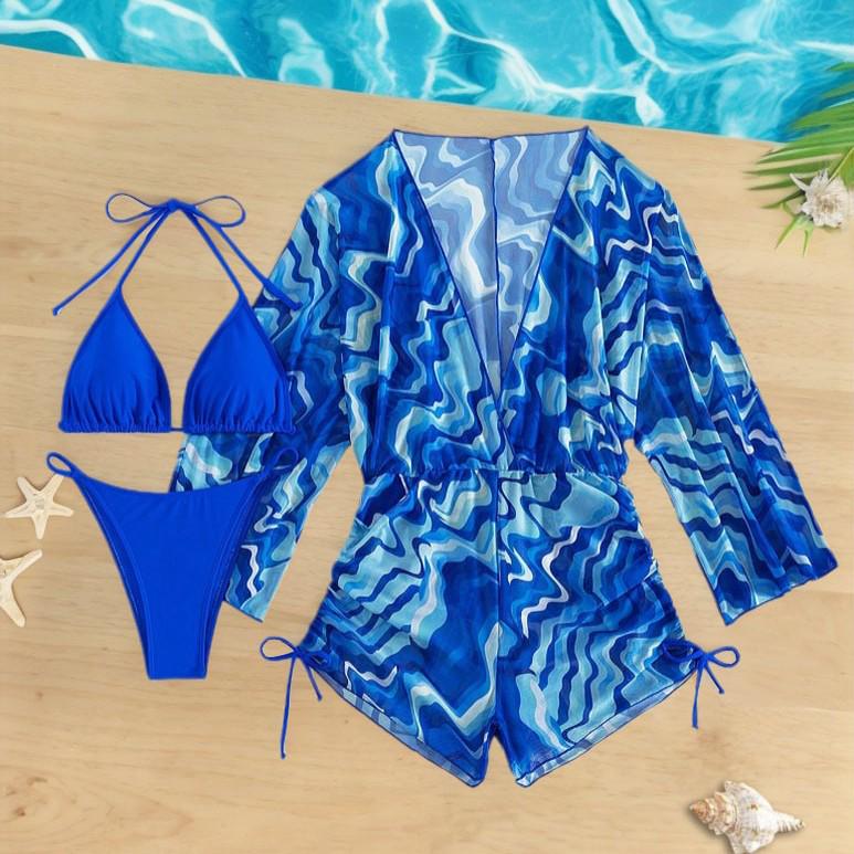 

2024 Trendy Long Sleeve Mesh Cover-Up Three-Piece Bikini Set S синий