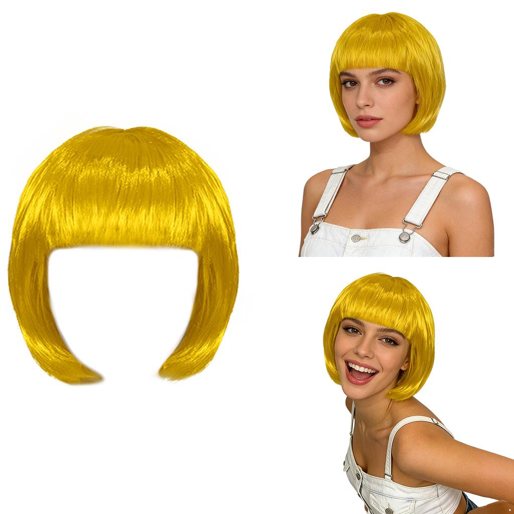 Short Straight Bob Hairpiece for Women Blunt Cut Bangs Cosplay Wig Halloween Themed Party Daily Use