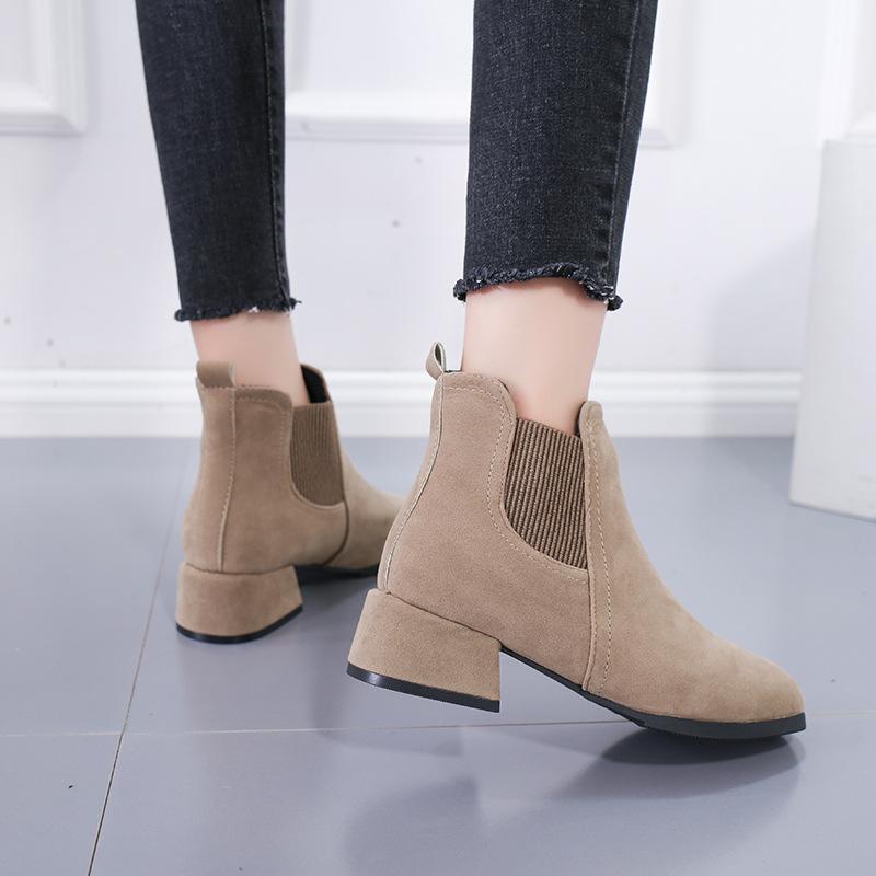 Krótkie botki elastyczna guma pojedyncze botki nowe damskie botki gruby obcas aksamit brytyjski wiatr lokomotywa buty Martin