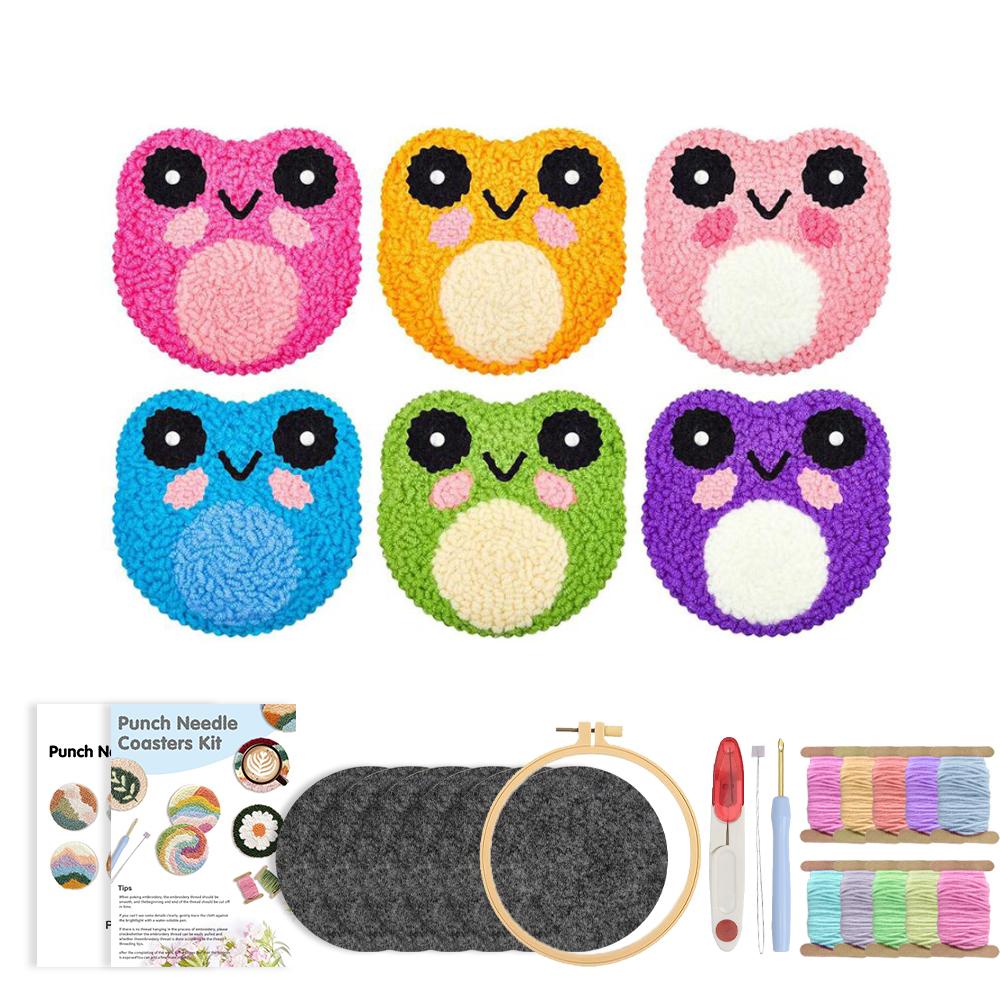 Punch Needle Coaster Kit 6Pcs Animal Frog Punch Needle Embroidery Kits for Beginners Art Work Decor Coasters Kit