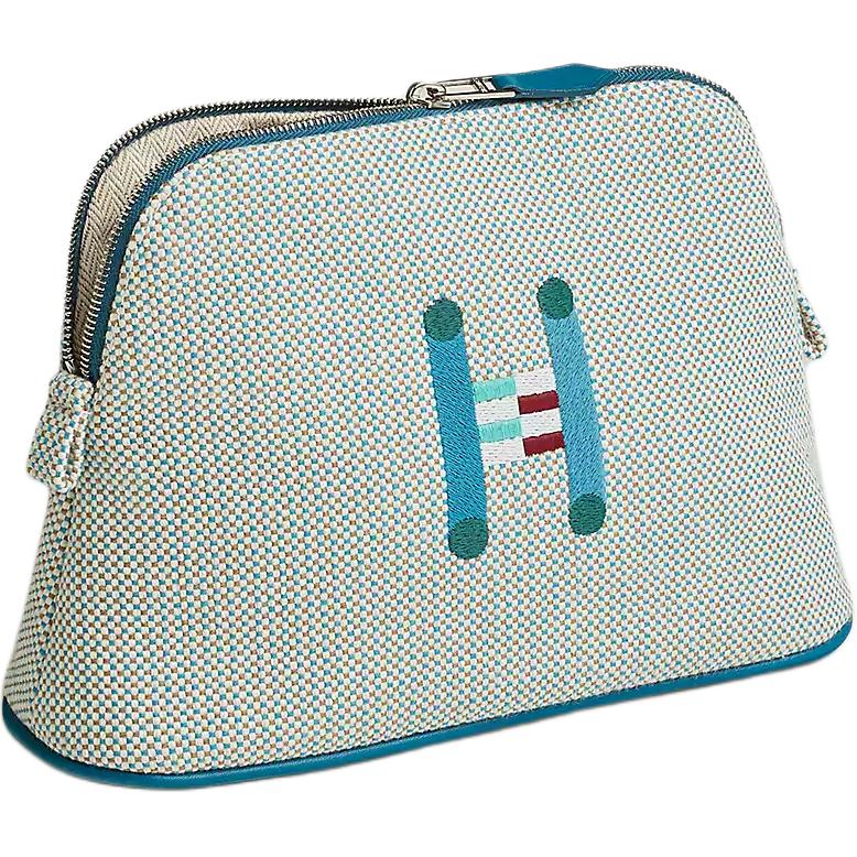 Hermès Bolide Crazy H Embroidered Pattern Palladium Metal Cotton Storage Bag Mini Unisex bags Teal Galette H103750MV05