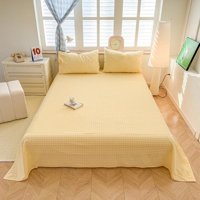 2025 New Class A Cotton Yarn-dyed Washed Cotton Sheets Simple Solid Color Lattice Single-piece Sheets Skin-friendly and Soft
