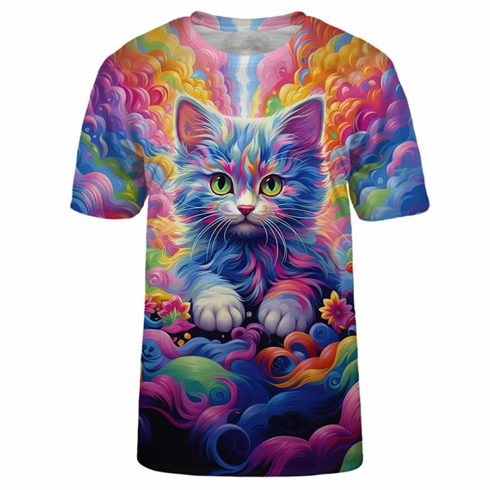 

Sweet Fantasy Color Animal T-shirt For Kids Daily Casual Fashion Short Sleeve Pullover Outdoor Sports Cute Cat Print Tee Top New S