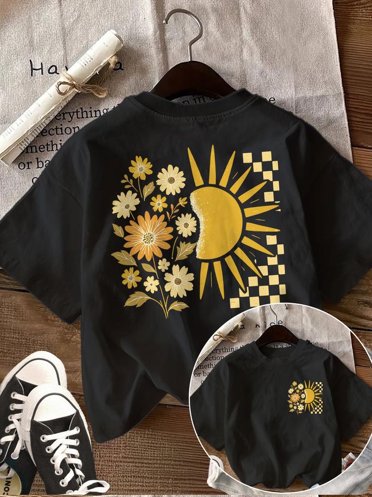 Unisexs Vintage Sunflower Print Tshirt Pure Short Sleeve Blouse For Spring Summer Round Neck Top With Front Back Sunflower