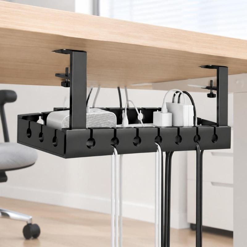 Under-Desk Cable Management Tray in Carbon Steel with Two Edge Clamps and Open Access, Extendable Power Strips Cord Holder for Stored Power