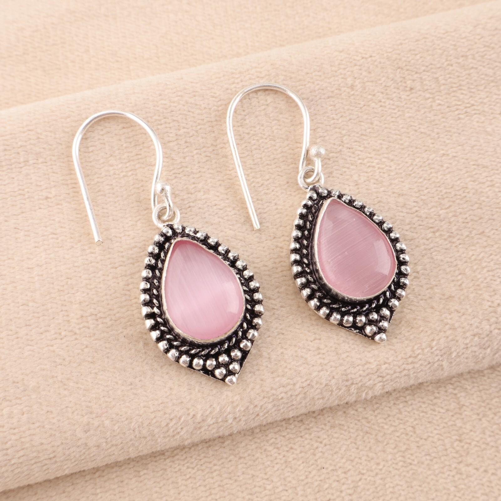 

Natural Pink Cat s Eye Gemstone 925 Solid Silver Jewelry Handmade Earrings 1.6 EE-164-42