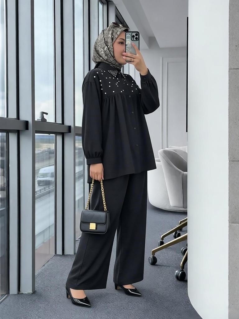 New Arrival: Beaded Long Sleeve Top & Wide Leg Pants Set - Muslim Women's Fashionable Casual Wear