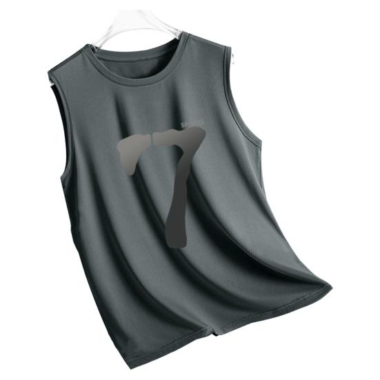 

Men Vest Sleeveless Round Neck Quick-Drying Mesh Design Sport Vest Number Seven Pattern Loose Fit Fitness Tops Daily Wear L темно-сірий