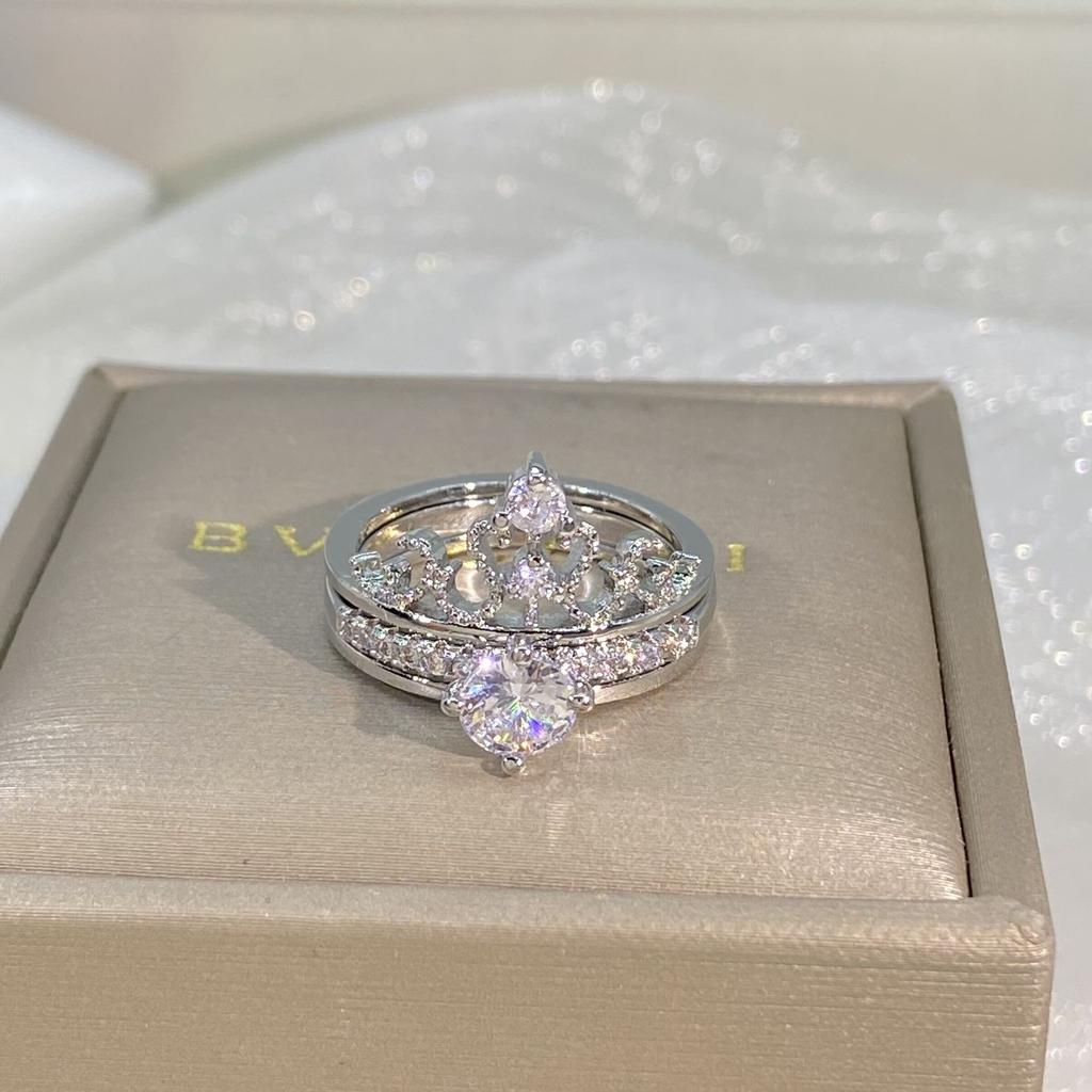 White Copper Hand Decoration Ring Double Layer Crown Women's 2 Piece Combination Ring