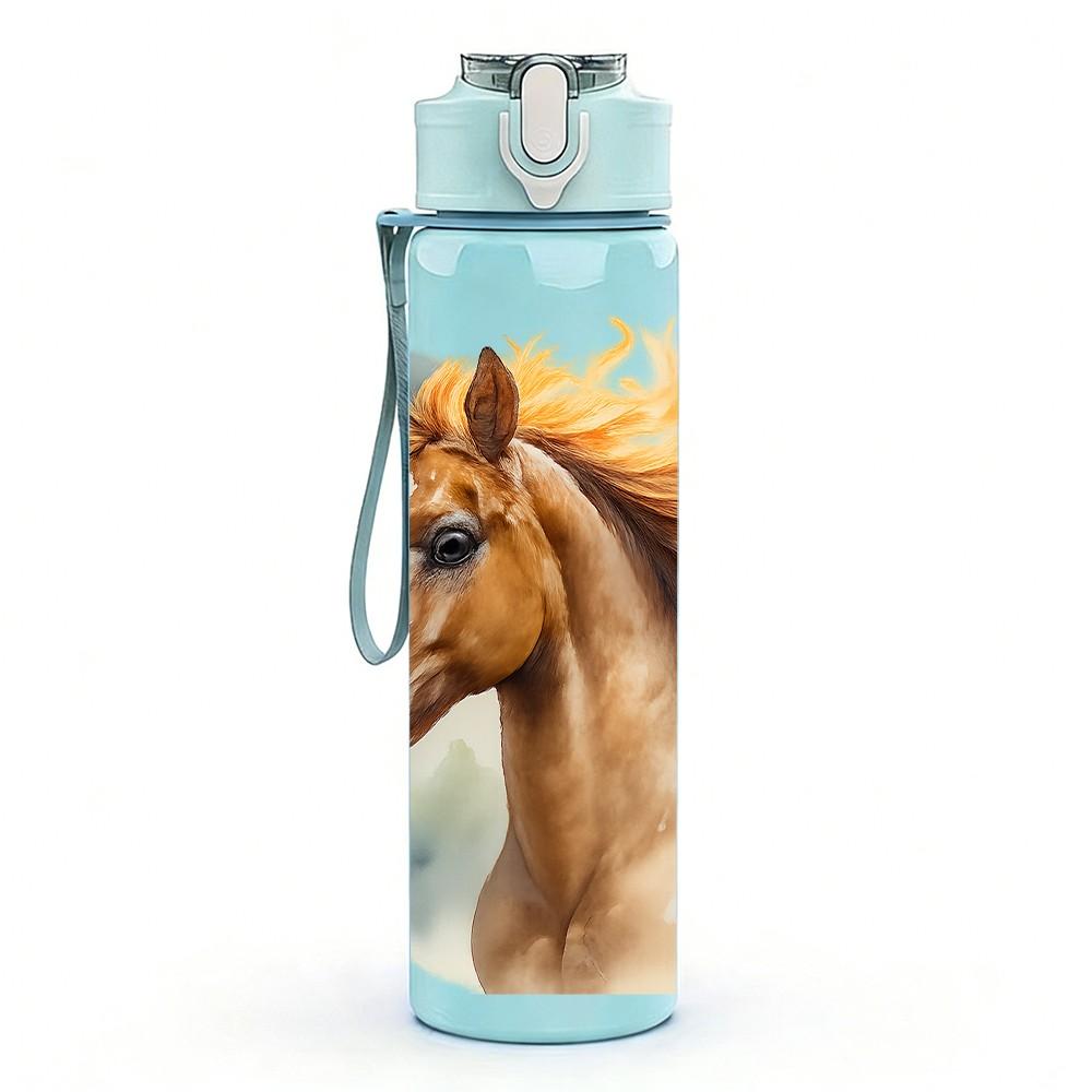 1PC Chestnut Brown Horse Head Print 750ml Color Plastic Sports Water Bottle Leakproof Flip Straw Lid Suitable for Sports Office Home Use