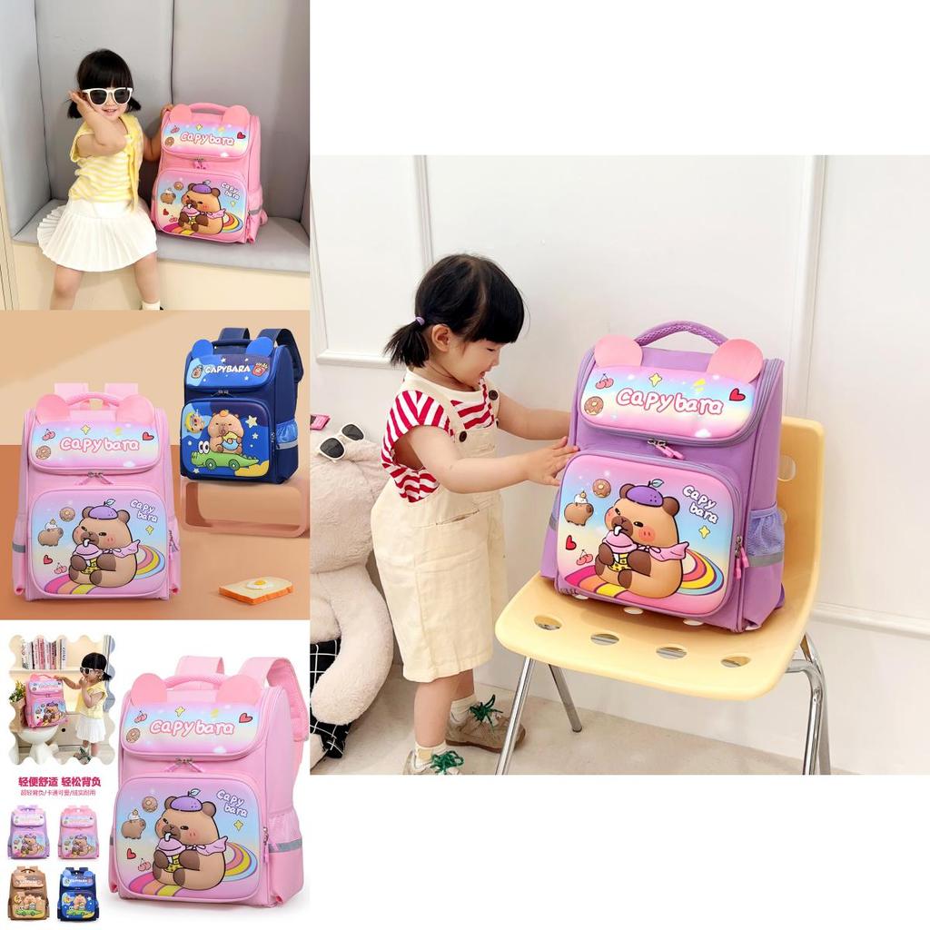 Children School Bag With Cute Capybara Print And Breathable Mesh Back Support