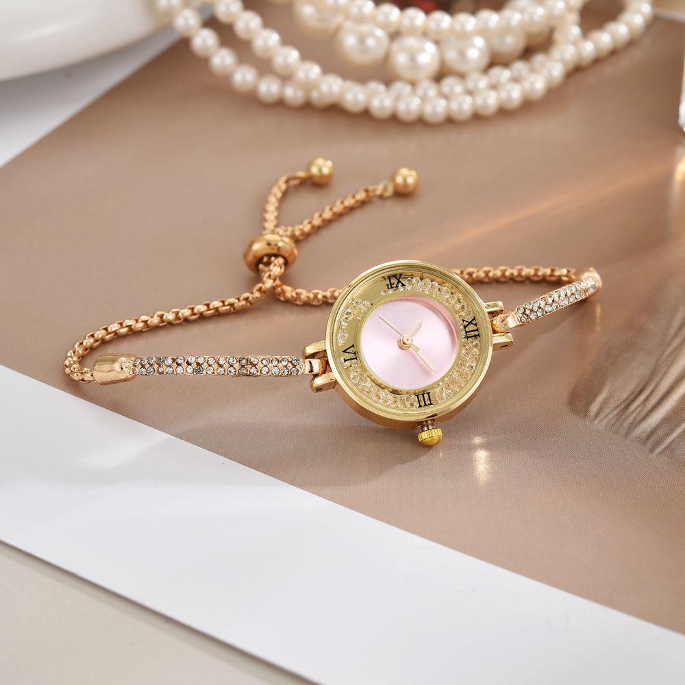 Elegant Petite Quicksand Water Diamond Bracelet Watch with Bangle, Perfect for College Students