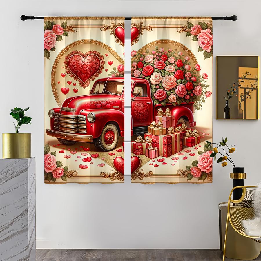 

2PCS Retro Red Car Love Flower Arrangement Curtain American Sweet Element Style Bedroom and Living Room Pull up Pocket Style 100*130 Rod Pocket 1pcs