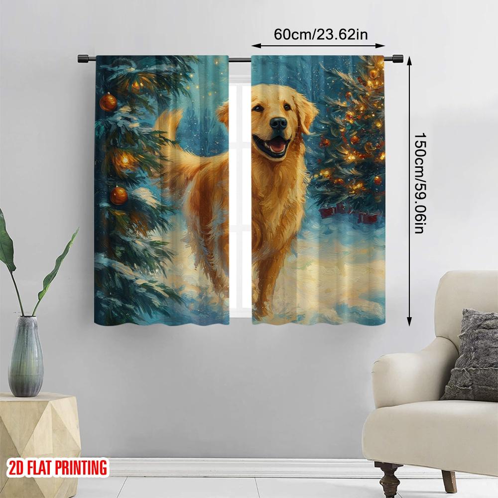 2pcs,2D Plane Printing Creative Curtains Snowy Christmas Scene with Evergreen Trees Versatile Durable Polyester (without Rod)