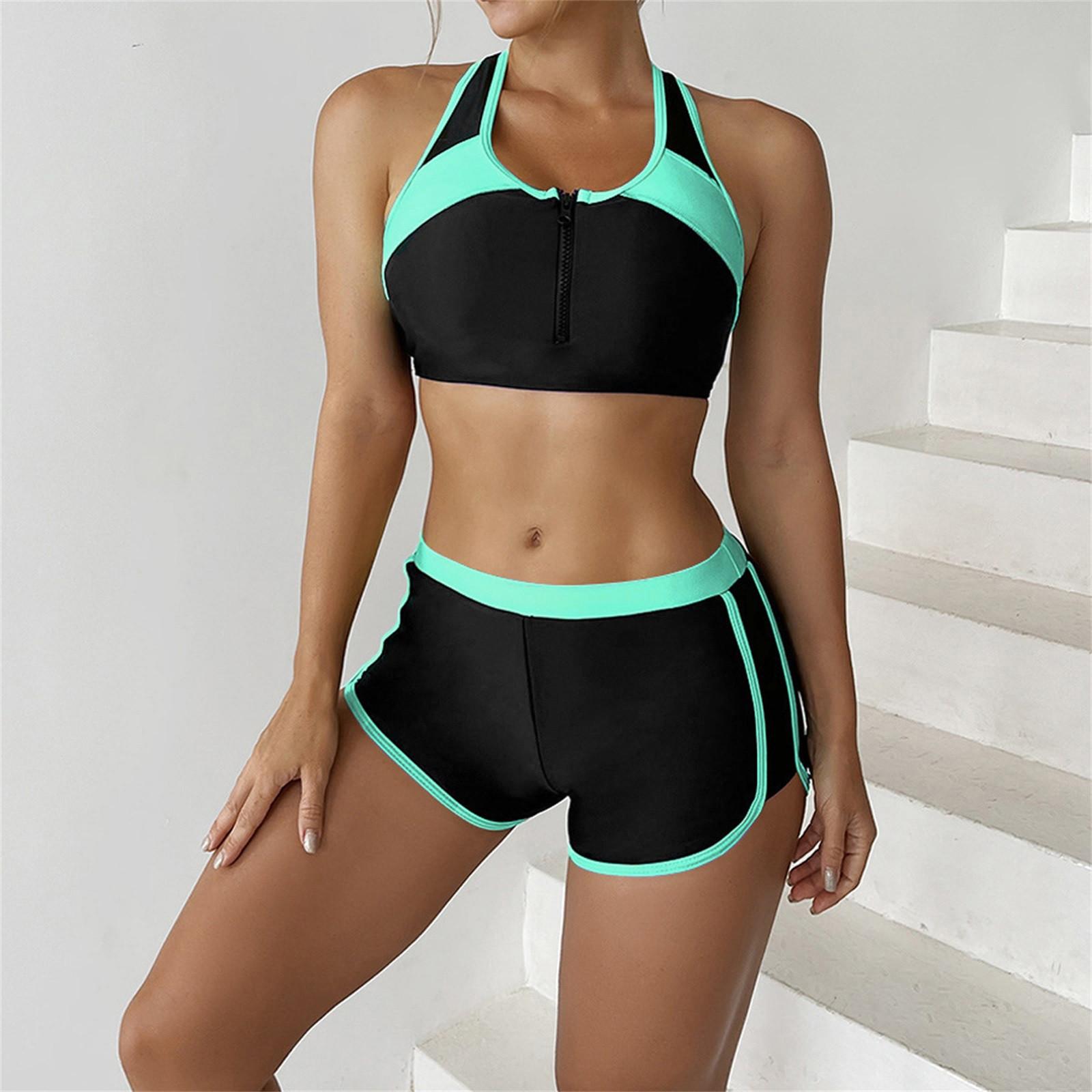 

Модный женский тонкий пляжный раздельный купальник с цветными блоками, бикини XXL циан