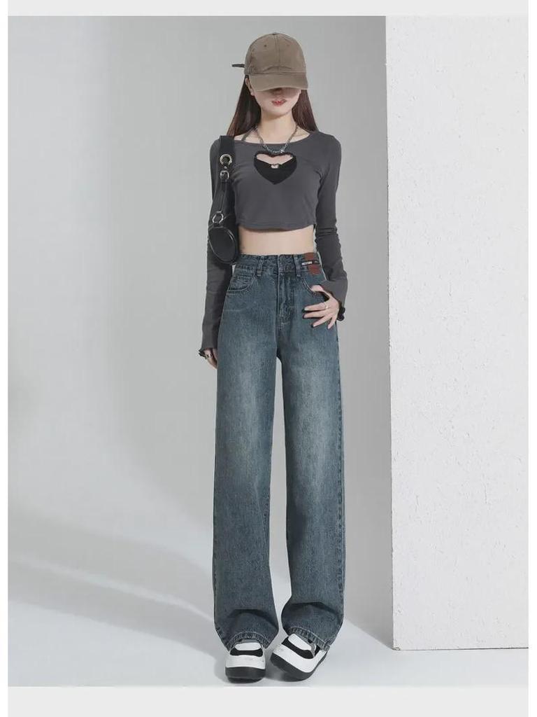 Damskie luźne dżinsy skórzane z wysokim stanem, podszewka pluszowa, ciepłe nogawki proste, mały rozmiar, grube spodnie z szerokimi nogawkami