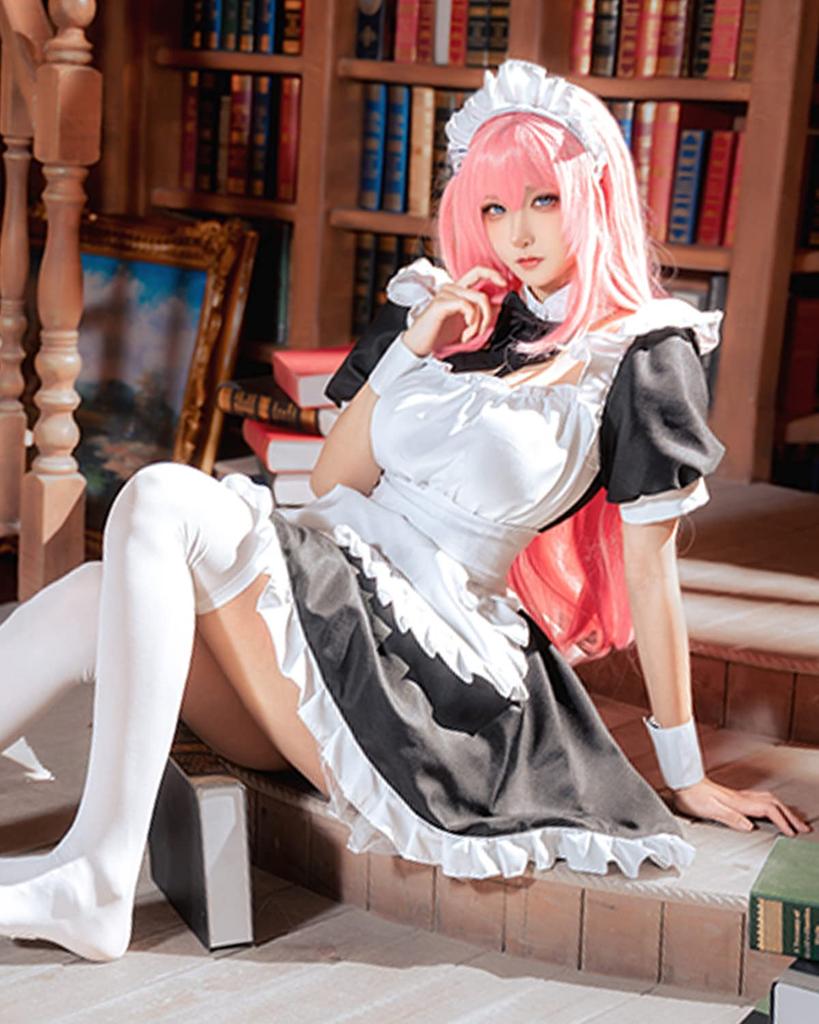 Perucă de cosplay Goto Hitori, inclusă ținută de servitoare Doujin Gothic Lolita Moe Bocchizarock, set costum de cosplay Hitori, perucă de servitoare [produse asemănătoare zeilor] 7 piese