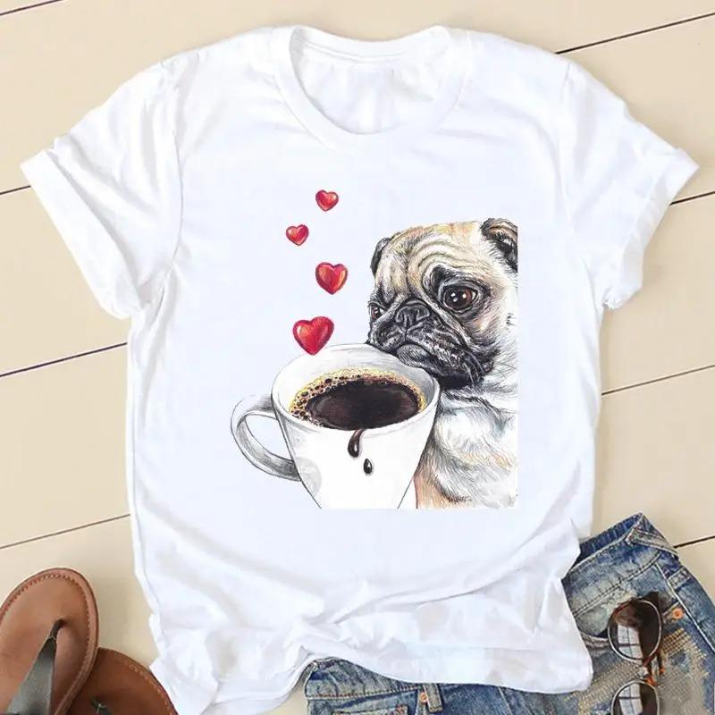 Sweet Love Pug Streetwear White Fashion Women T-Shirts Harajuku Kawaii Clothes Short Sleeve Summer Tee Casual Female Tops O-Neck