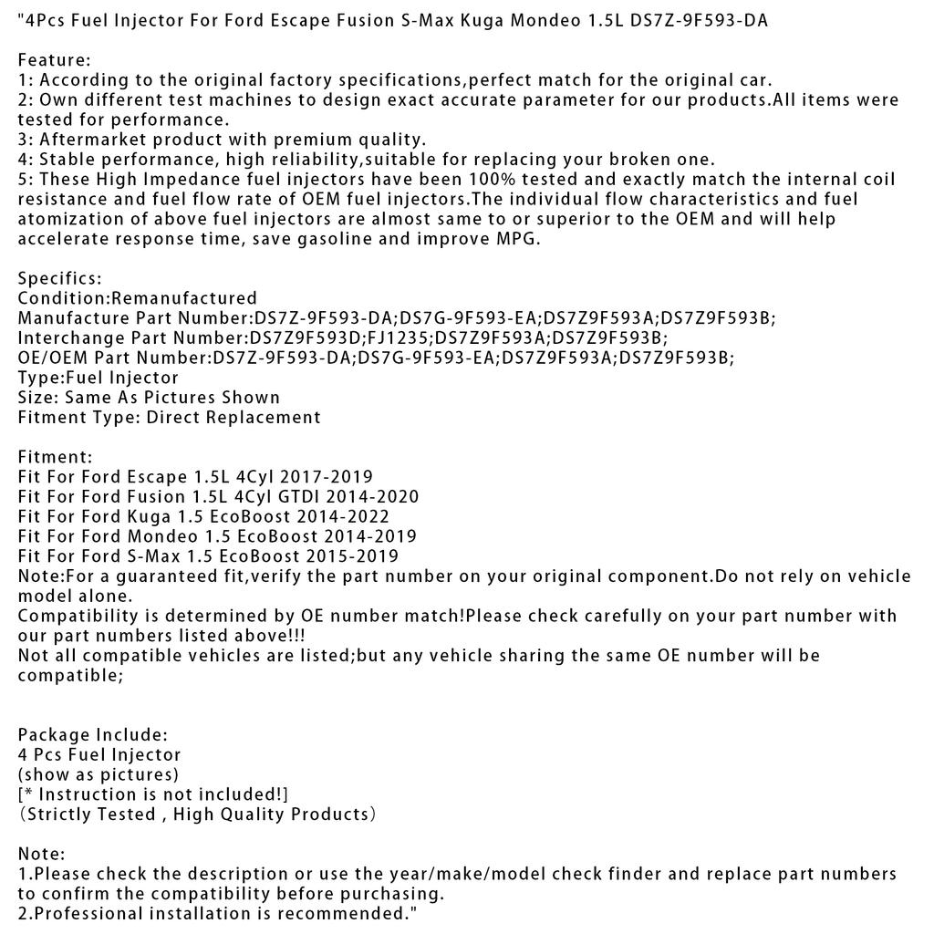 4 ks vstřikovače paliva pro Ford Escape Fusion S-Max Kuga Mondeo 1.5L DS7Z-9F593-DA