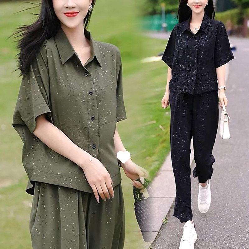 Fashionable Casual Suit for Women Summer Plus Size Women's Small Belly Cover Shirt and Pants Two-piece Set