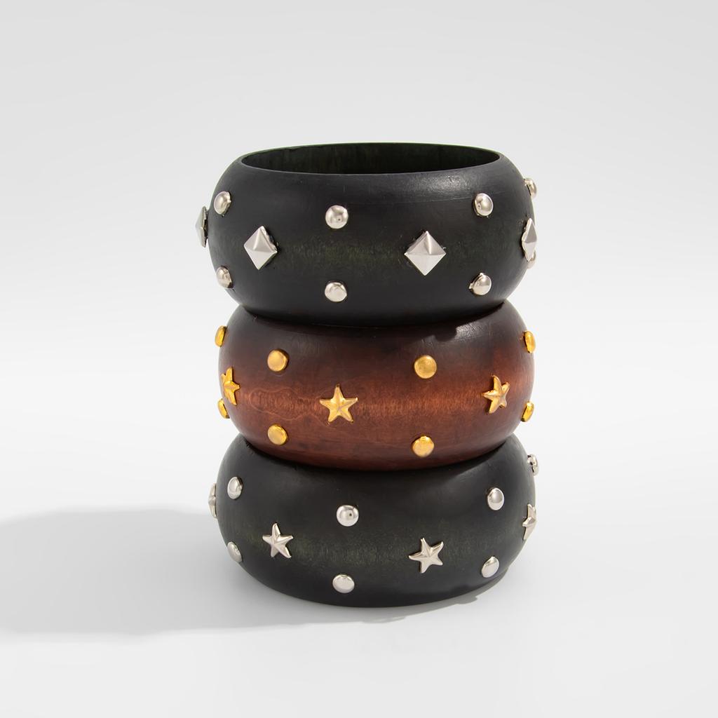 Retro Fashion Five-pointed Star Rivet Wooden Bracelet Bangles Y2k Punk Style Geometric Vintage Bangle Jewelry Fashion Hiphop Grunge Pulseras Mujer