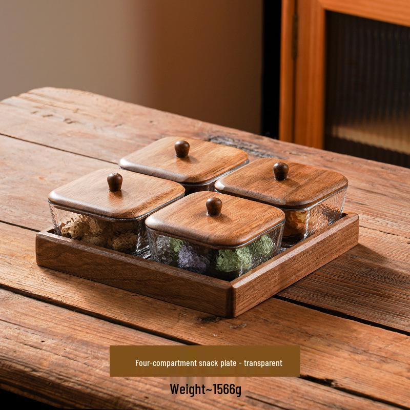 Compartmented Walnut Wood and Glass Snack Tray