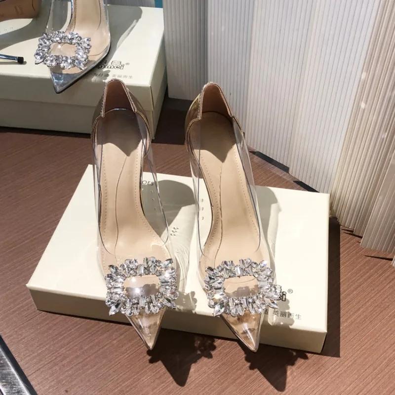 Summer Pointed Crystal Fairy Ladies Wind Sandals Rhinestone Butterfly-knot Transparent High Heel Women Sandals Fashion Shoes