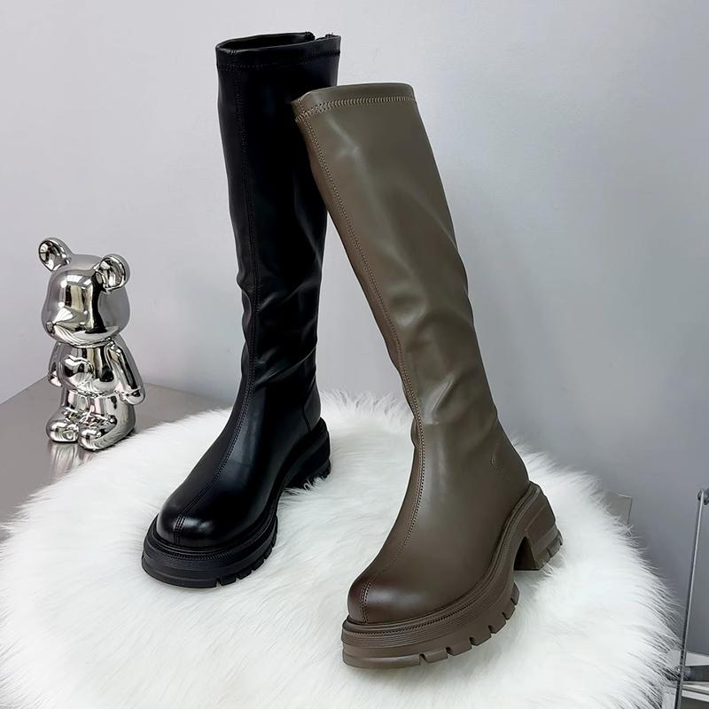 New High Boots for Women Designer Fashion Heeled Shoes Winter Knee High Chelsea Boots Cozy Brand Motorcycle Boots Mujer Zapatos