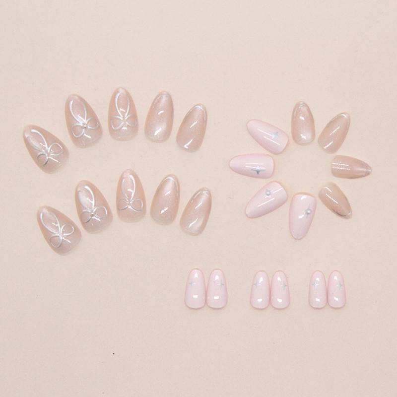 Almond Press on Nail Cats Eye Fake Nail with Bows Designs Full Cover Glues on Nail Glossy Acrylic Nail Artificial Nail