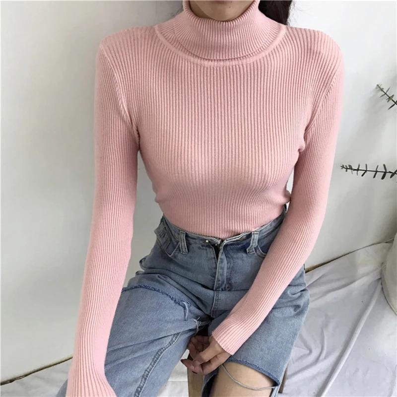 Autumn Winter Thick Sweater Women Knitted Ribbed Pullover Sweater Long Sleeve Turtleneck Slim Jumper Soft Warm Pull Femme