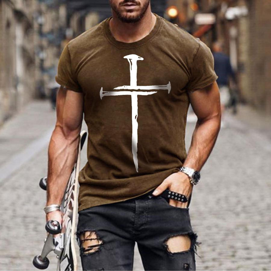 2024 Summer Retro Cross Pattern New Short Sleeved Round Neck Printed Men's T-shirt