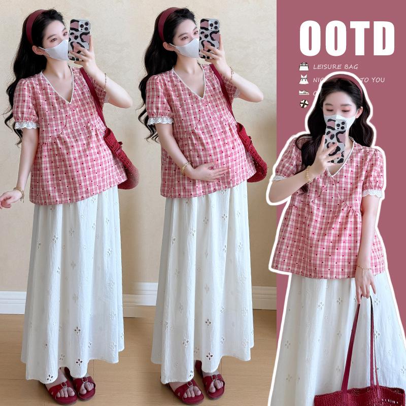 2026 Summer Korean Maternity Top & Skirt Set with Adjustable Buckle M