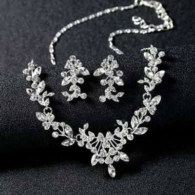 Women Wedding Shiny Floral Necklace Earrings Jewelry Set