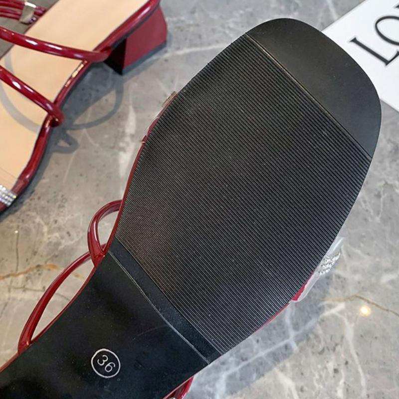 WTEMPO Women's Summer Sandals Square Toe Middle Heel Solid Color Transparent Crystal Buckle Thick Heel Dual-purpose Slippers Comfortable Breathable