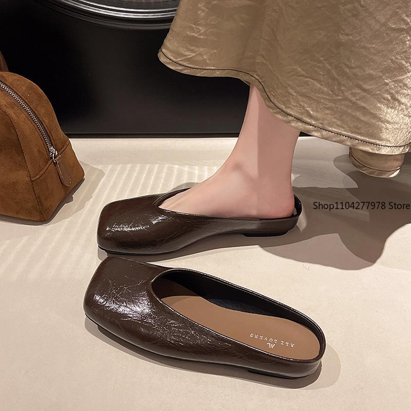 Fashion Korean Thick Heel Cool Slippers for Women 2025 Spring New Comfortable Soft Bottom Foot Cover Bag Head and Half Drag Women Flats