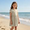 Girls Short Sleeve Dress Casual Loose Fit Breathable Cotton Linen Blend Summer Dress with Gathered Waist and Round Neck for Daily Wear