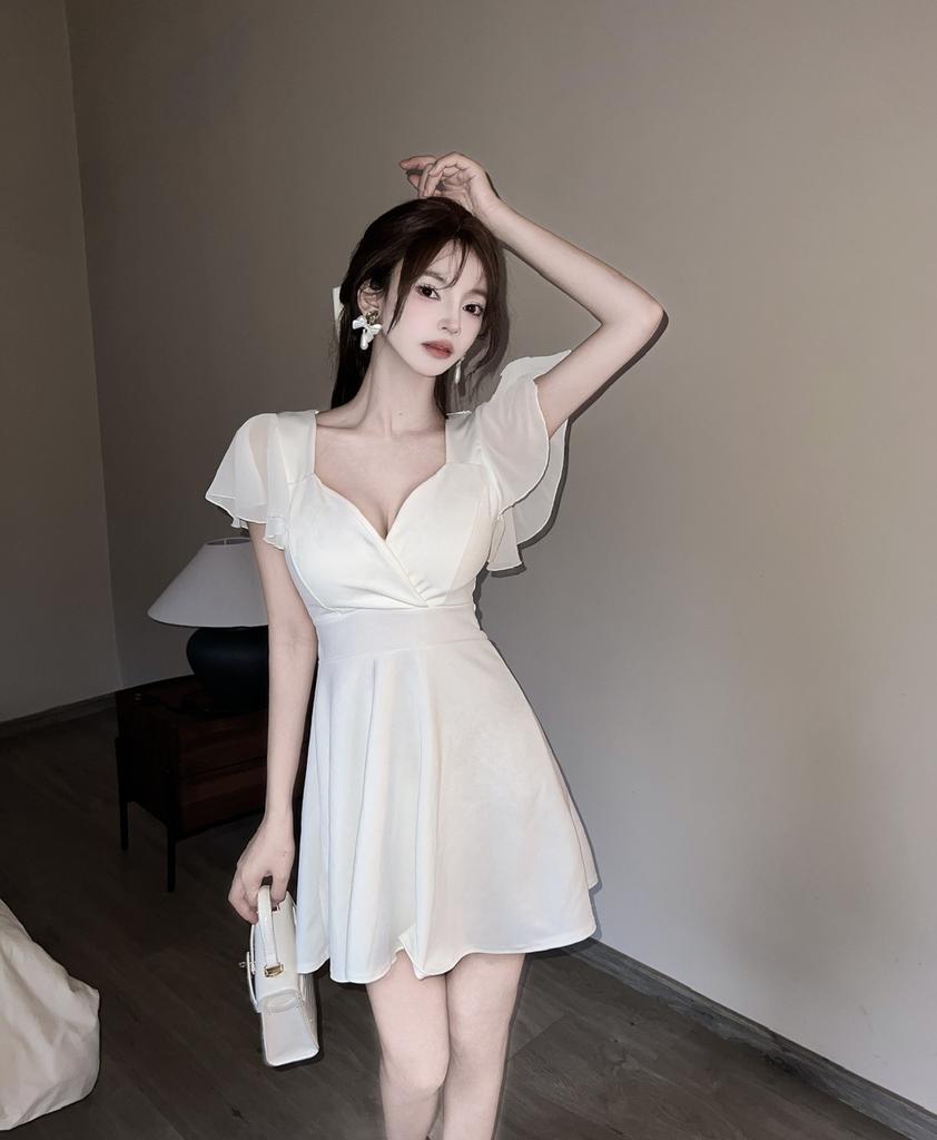 Work clothes women's clothing sexy low-cut V-neck lotus leaf sleeves backless waist thin A-shaped big pendulum dress
