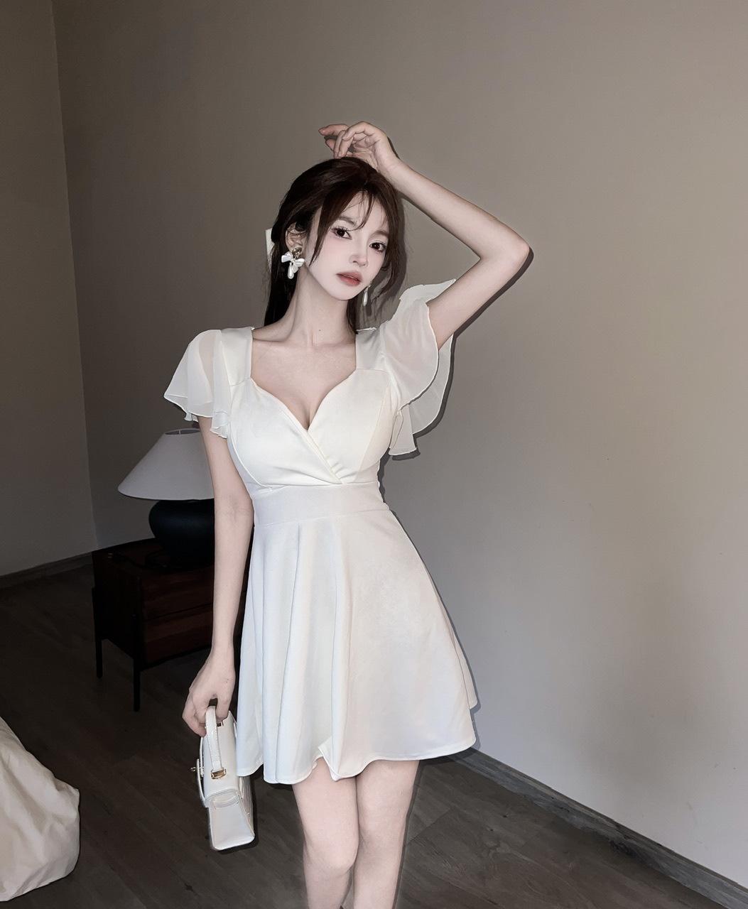 Work clothes women s clothing sexy low-cut V-neck lotus leaf sleeves backless waist thin A-shaped big pendulum dress S белый