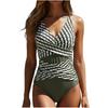 Women's Fashion One-Piece  V-Neck Striped Ruched Belly Concealing Backless Bikini Swimsuit