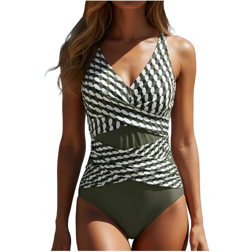 Women's Fashion One-Piece  V-Neck Striped Ruched Belly Concealing Backless Bikini Swimsuit