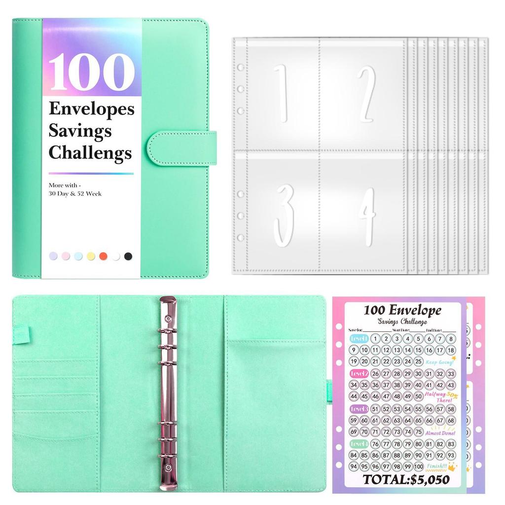 100-Day Envelope Challenge Loose-Leaf Notebook: PU Colored Savings Planner for Couples