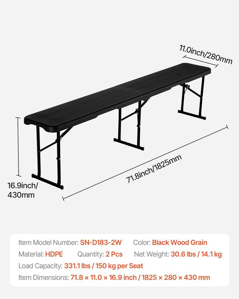 Plastic Folding Bench, 6 ft Portable Bench for Outdoor Picnic Party Camping Dining, Foldable Smooth HDPE Seat for Garden Soccer Multipurpose