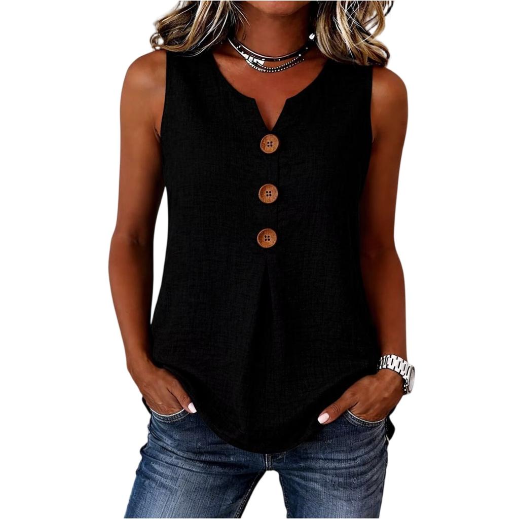 Women’s Sleeveless V Neck Button Front Blouse Loose Fit Casual Summer Tank Top with Pleated