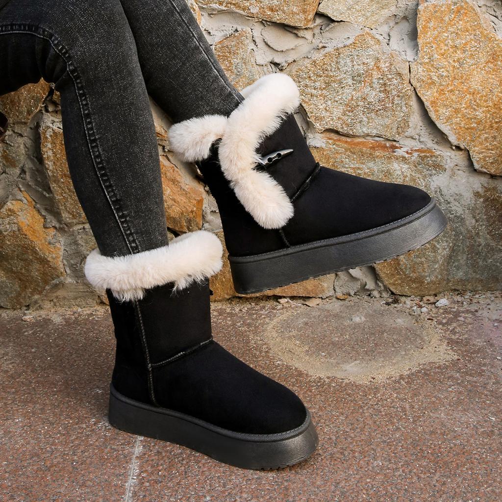 Warme Winterstiefeletten für Damen, rutschfeste Plateau-Schneestiefel mit Fellfutter, Bailey-Knopf, kurze Stiefel für Damen, bequeme Booties aus Fleece-Wildlederimitat