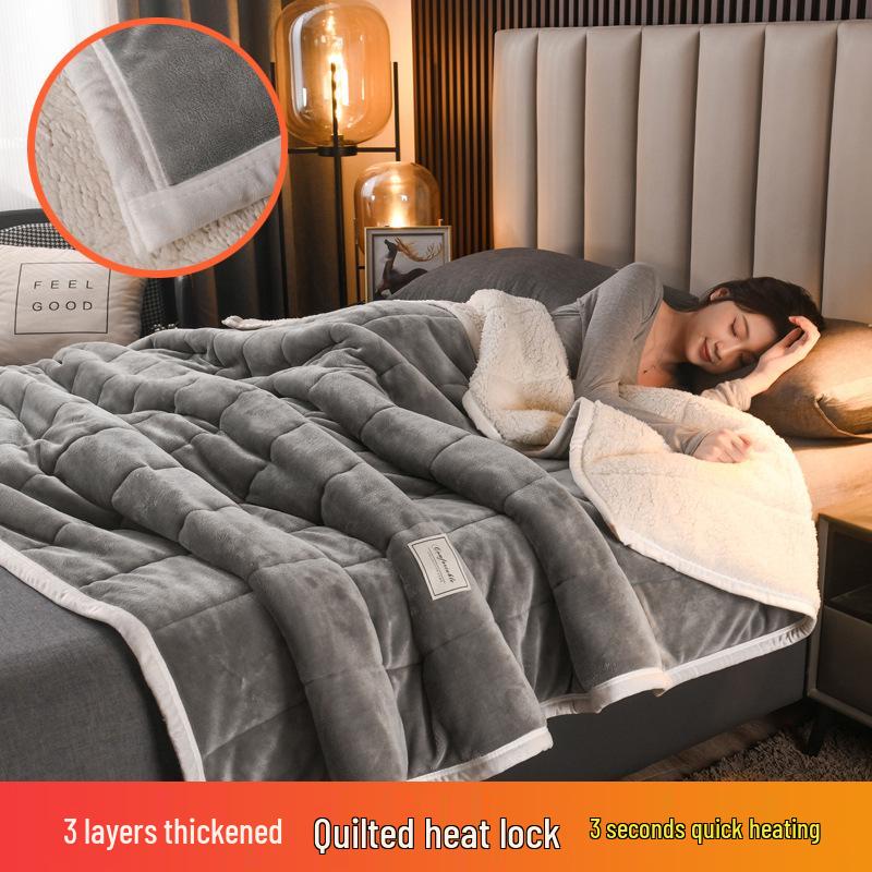 Thick Three-Layer Quilted Milk Velvet Lambswool Flannel Blanket for Autumn and Winter Warmth