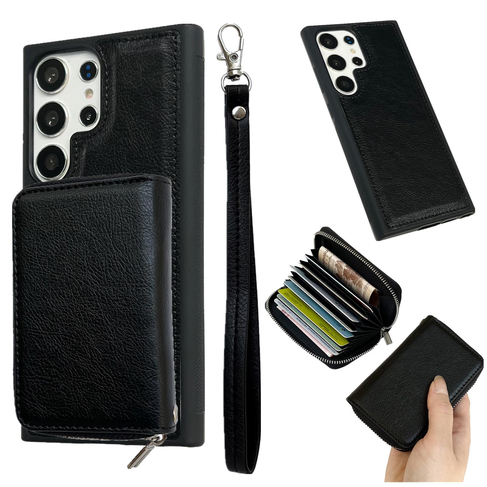 

For Samsung Galaxy S25 Ultra Case Detachable Zipper Card Bag PU TPU Kickstand Phone Case with Strap Black