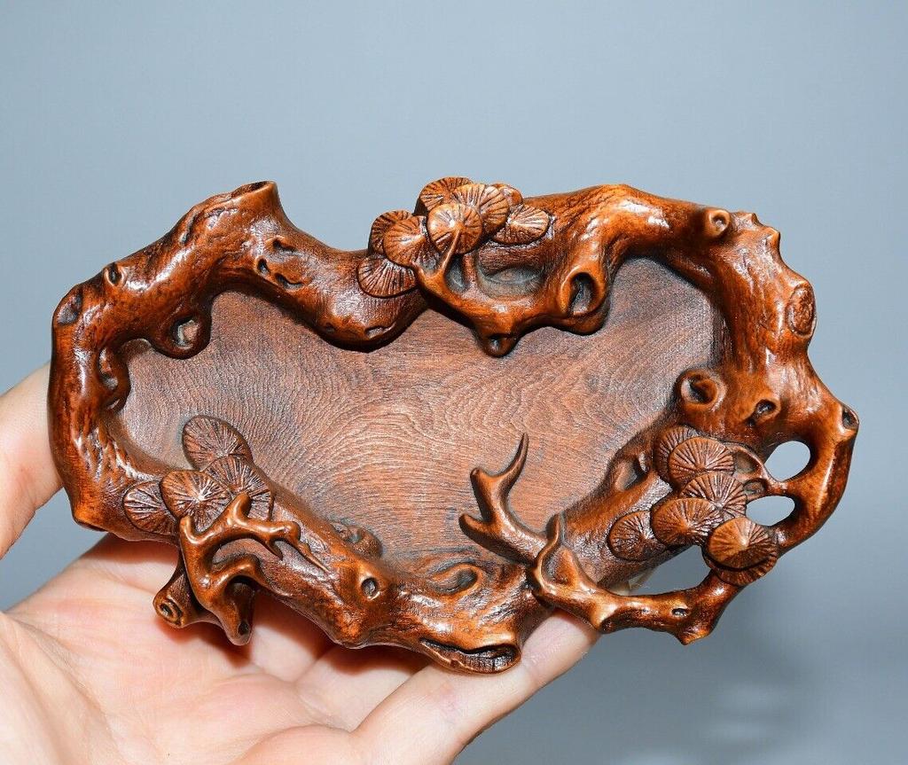 Chinese Natural Boxwood Carved Pine Statue Exquisite Brush Washers Collection