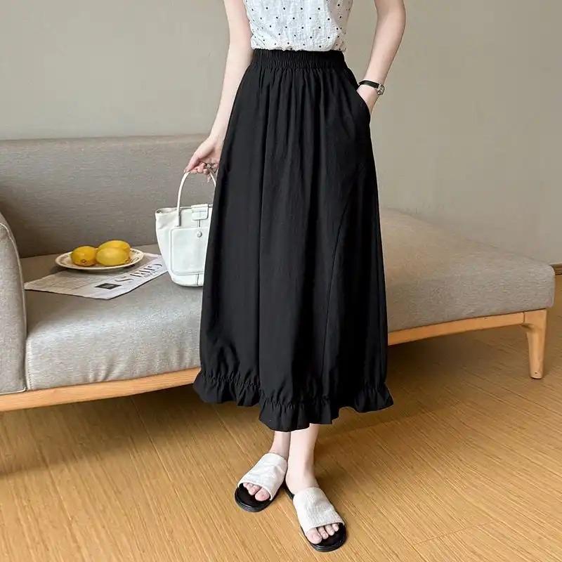Women s Elastic Waist Linen-Blend Midi Skirt, Casual A-Line Skirt With Ruffle Hem And Pockets S чёрный